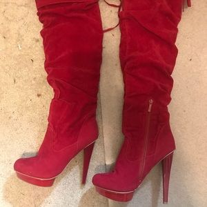 Red slouch over the knee boots